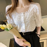 2021 Shirt Korean Style Wild Lace Shirt Women Square Collar Short Sleeve Hollow Out Vintage Elegant Blouse Blusas