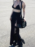Dark Grunge Chain Patchwork Sexy Hollow Out Dresses Gothic Backless Tie Up Split Women Midi Dress Punk Summer Night