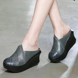2021 Genuine Leather Women Slippers 8 CM High Heels Wedges Summer Shoes Platform Retro Handmade Women Leather