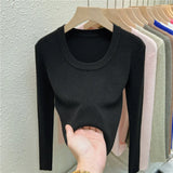 Photos U-neck Knitted Sweater For Women's Autumn Long Sleeved Top Girls Simple Base Jumper GT8311-Outfit