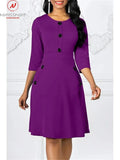 Women Spring Autumn Solid A-Line Dress Single-Breasted Design Pockets Decor O-Neck Three Quarter Sleeve High Waist Slim