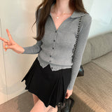 Color Polo Neckline Knitted Sweater Women's New Autumn Sweater Slim And Slim Long-Sleeved Cardigan-Outfit