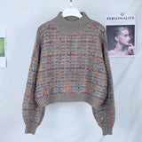 Autumn Winter New Plaid Sweater Women Korean Lazy Wind Short Loose Casual Checkered Sweater Lantern Sleeve Pullovers