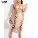 Hollow Out Lace Up Summer Dresses Women Sexy Halter Backless Bodycon Mixi Night Club Party Outfits Beach Vocation