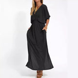 Fongt Summer 2025 Fashion Solid Color High Waist Open Fork Short Sleeve Dress