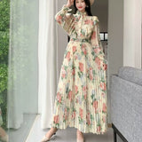 Fongt 2025 New Long-Sleeved Heavyweight Bow Long Print Chiffon Sweet Dress Seaside Holiday