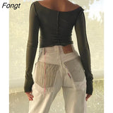 Women Y2k Ruched Slim Fit Crop Tshirts Long Sleeve Low Cut Fitted Knit Shirt Top Sexy Ribbed Cropped Blouse Tee Tops