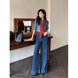 Fongt Kong Style Retro Dark Blue Loudspeaker Jeans Women 2025 Spring And Autumn High Waist Hanging Feeling Drag Broad Legs Long Pants