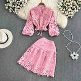 Fongt Temperament V-Neck Hollow Embroidered Lantern Sleeve Short Shirt Women Two Sets Hit High Waist Thin Word Half Skirt