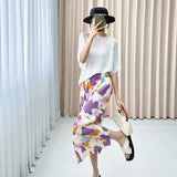 Fongt Folded Purple Snowflake Print Skirt Gentle Cream Purple Bump Color Daily Slim High Waist Open Straight Skirt