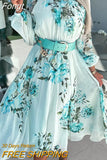 Women Elegant Floral Print Chiffon Dress Fashion O Neck Long Sleeve Beach Dress Ladies Casual Long Sleeve A-Line Dress