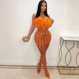 Club Party Night Feathers Strapless Birthday Dresses Women Elegant Mesh See Through Patchwork Backless Prom Mini Dress-Outfit