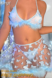 Two Pieces Feather Mini Skirts For Women Butterfly Perspective Mesh Feather Edge Sexy Suit Nightclub Party