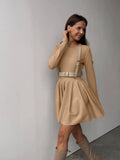 Fongt Round Collar Waist Knitted Dress Women's High-End Ins Windy Folded Sweater Dress