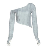 Fongt 2023 New Women's Solid Color Fashion Diagonal Shoulder Sexy Perspective Slim Wooden Ear Long Sleeve T-Shirt-Outfit