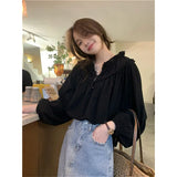 Elegant Blouses Women Vintage Puff Long Sleeve Shirts Student Korean Retro Office Lady Basic Solid Loose Casual Chic Tops-Outfit