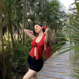 Fongt Red Three-Dimensional Rose Slings Pure Hottie Sexy Vest Irregularly Boiling Flowers Knitted