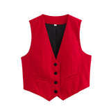 Fongt Women's Retro Solid Color Candy Color V-Neck Short Suit Vest / Horse Clip Cane