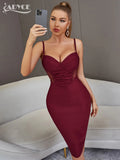 Summer Spaghetti Strap V Neck Bandage Dress Sexy Sleeveless Wine Red Lace Draped Night Club Evening Party Women Midi