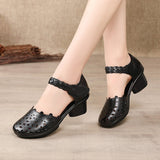 2021 Summer Women's Genuine Leather Shoes Woman Retro Hollow Out Sandals Female Hook & Loop Heels Ladies Platform