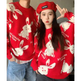 Lamb Fleece Bunny Rabbit Embroidery Sweaters Unisex Couples Thicken Winter O-neck Pullover Goth Streetwear Kawaii
