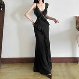 Fongt Summer New Women's Style Of French Temperament V Collar Bare Back Leaves Lace Splicing Slinging Dress