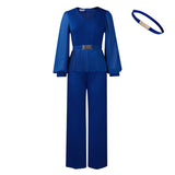 Fongt Women's Elegant Fashion Office V-Neck Long Sleeves Folded Waist Tops Wide-Legged Trousers All-Legged Set