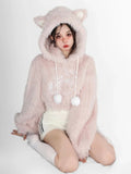 Kawaii Hoodies Womencute Pink Cat Embroideery Plush Cropped Ears Hoodie Korean Style Sweatshirt Y2k Short Pullover Tops-Outfit
