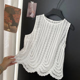 Fongt Wearing A Female Summer Sweet Heavy Industry Hollow Embroidered Round Sleeveless Shirt Femininity