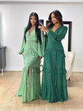 Fongt 2025 Elegant Splicing Long-Sleeved V-Neck Dress Women's Dress