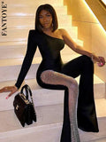 Patchwork Diamond Fishnet Bodycon Women Jumpsuit Black One Shoulder Long Sleeve Jumpsuit Lady Sexy Evening Party