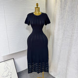 Fongt New Elegant Round Neck Nails Hollow Slimming Temperament Short-Sleeved Knitted Dress Woman