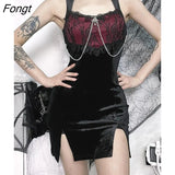 Darkness Velvet Party Dresses For Woman Elegant Gothic Lace Chain Split Bodycon Black Mini Dress Chic Patchwork