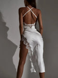Lace Patchwork Women Strap Midi Dress Side Slit Backless Bodycon Sexy Party Club Festival Elegant 2021 Winter