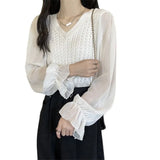Fongt Temperament Spliced Chiffon Sleeve Long-Sleeved Top Women's Spring And Autumn New Design Sense Slimming