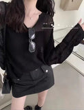 Fongt New Korean Loose Lazy Wind Long Sleeve Large Version V-Neck Ice Silk Jacket Women's Spring And Summer Thin Hollow Out Sweater-Outfit