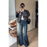 Fongt Blue T-Shirted High-Belt Plus Velvet Horn Jeans Women Autumn And Winter Spring And Autumn Narrow Version Straight Horseshoe Long Pants