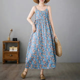 Fongt Fresh Literature And Art Retro Cotton And Small Broken Flower Dress Women's Summer Long Swing Sleeveless Sling