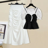 Women Summer French Vintage Two Pieces Set Korean Puff Sleeve Fake Two Piece Patchwork Tops And Draped Bodycon Mermaid Skirt