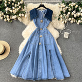 Fongt Large-Cuffless Vest Dress Women's Heart-Cuffed Long Retro Denim Dress Girl
