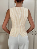 Fongt New Women's Single-Drace Vest Coat Elegant Striped Round-Neck Button Vest Top