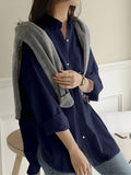 Women Blouse Casual Loose Cotton Lady Soild Blouse Shirts Female Stylish Side Split Tunic Button Down Tops