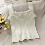 New Ice Silk Knitted Vest Female Korean Version V-Neck High-Waist Short Lace Spliced Solid Color Sling
