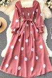 Women Polka Dot Dress Spring Autumn Vintage Square Collar Lantern Long Sleeve Casual Long Dresses Ladies High Waist