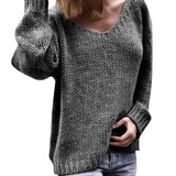 Solid Color Knitted Sweater V Neck Long Sleeve