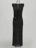 High-End Women's Hot Diamond Sexy Fork Perspective Sleeveless Dress Thin Ass Dress