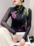 Printed Positioning Flower Double-Layer Mesh T-shirt Women Stretch Slim Full Sleeve Tees Tops HF8772-Outfit
