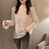 Fongt Autumn Lace Tjersey Horn Sleeve Mesh With Lace Lace Collar Gas Hit Bottom Blouse Small Shirt