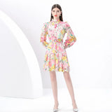 Fongt High-End Squeer Hook Lace Dress Women's Waists Thin High-Collar Lantern Sleeves A-Shaped Skirt