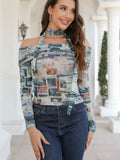 Girls Style Tie One-Word Shoulder Long-Sleeved Sexy Newspaper Printed Blouse 2024 Spring And Autumn New T-Shirt-Outfit